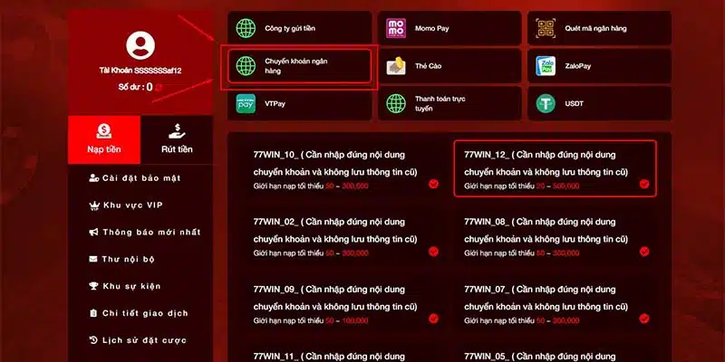 Nạp tiền 77Win với chuyển khoản online siêu tốc